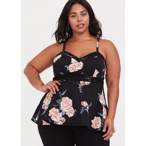 Torrid Black Floral Scuba & Lace Peplum Cami